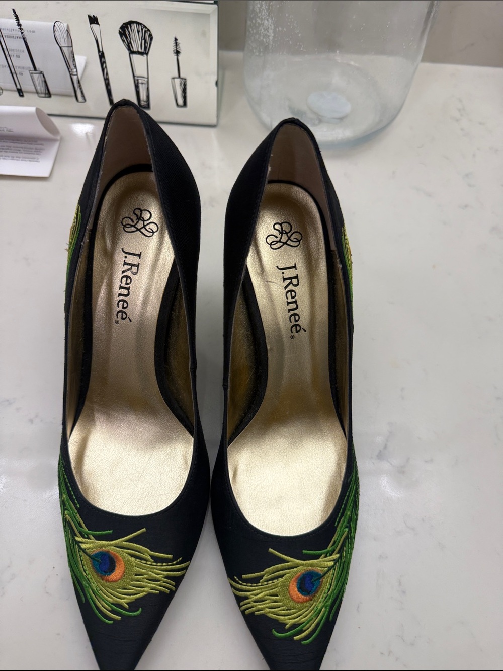 J.Renee Black Pointed Heels with Peacock Feather Embroidery